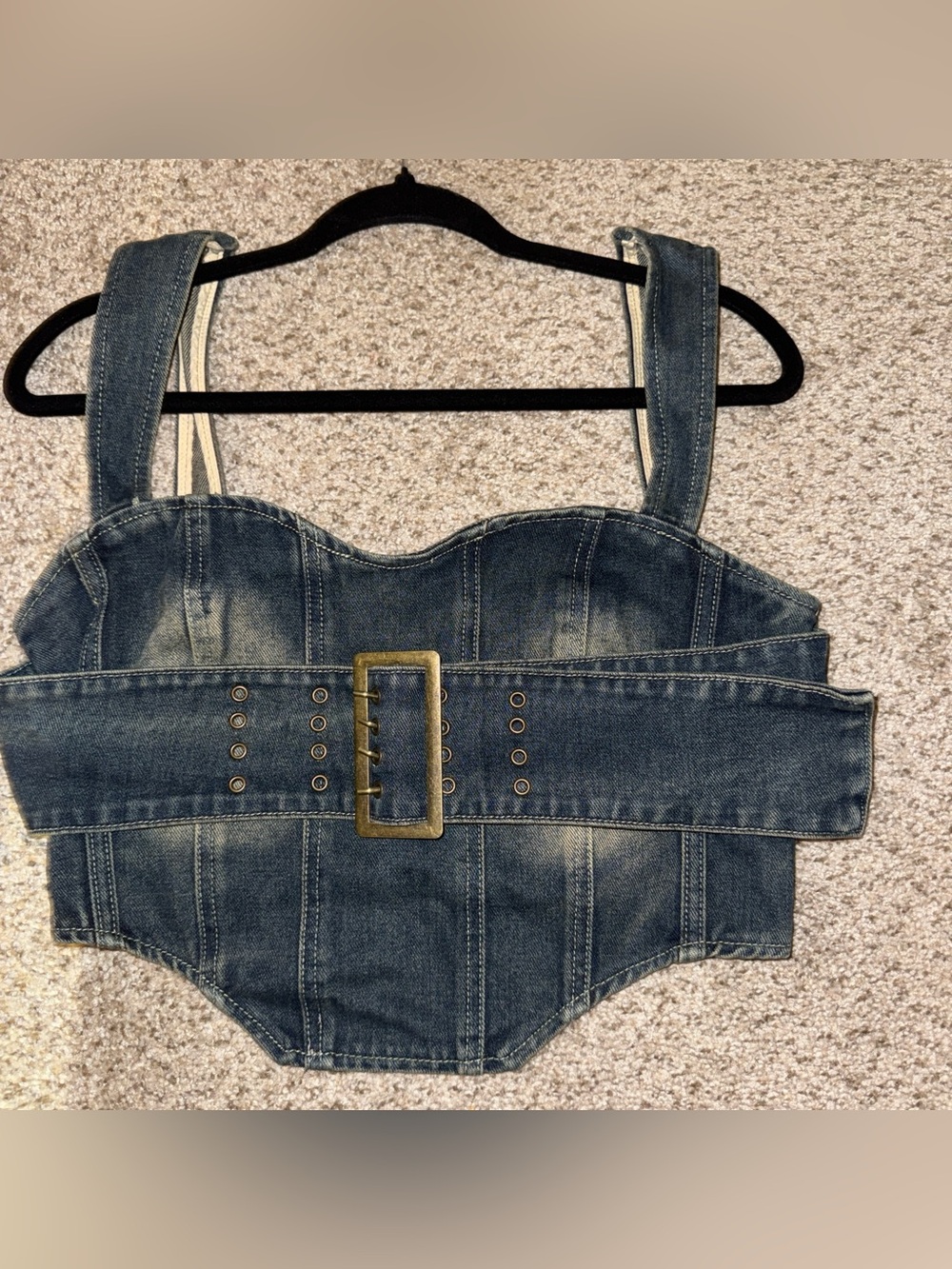PrettyLittleThing Dark Blue Denim Corset Belted Crop Top